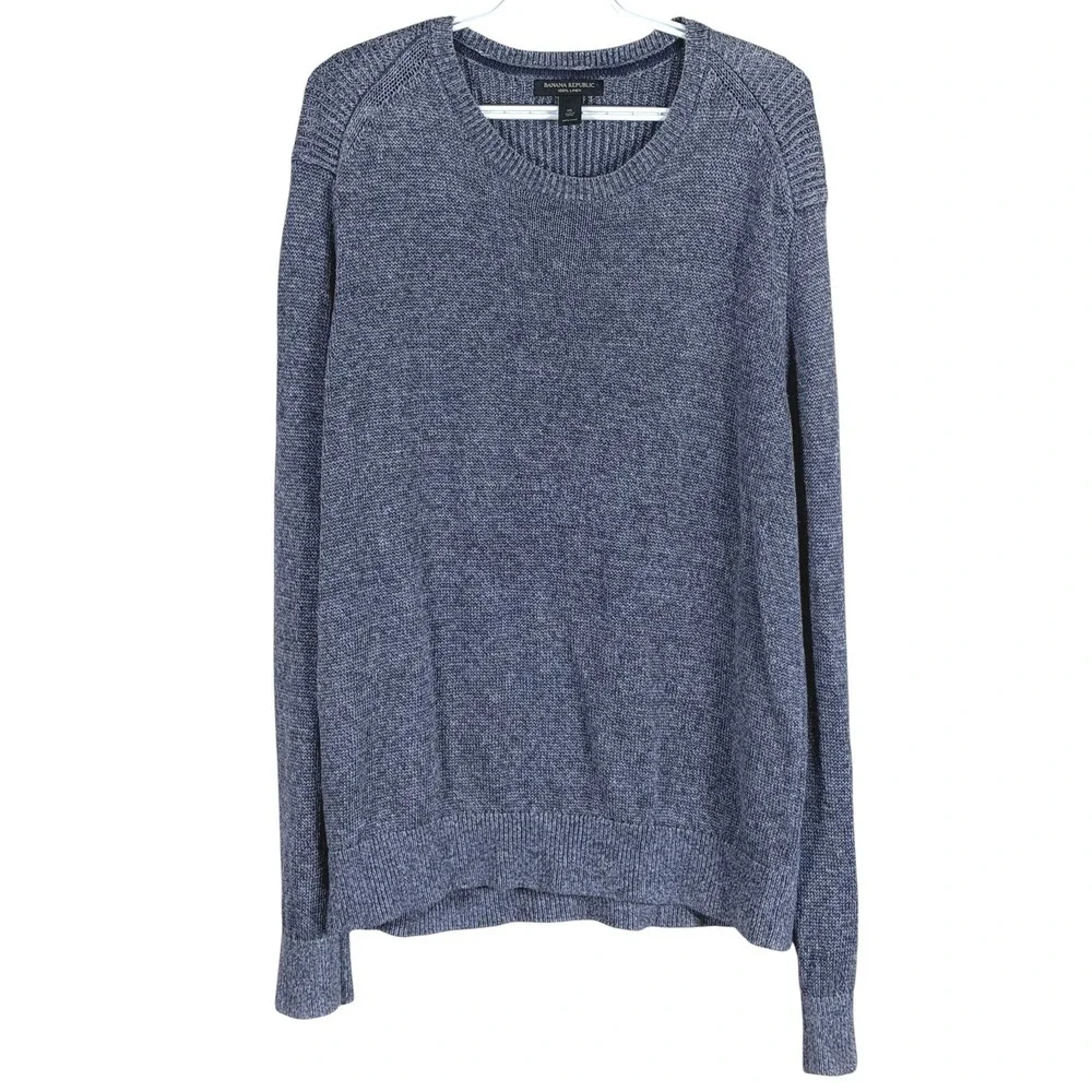 Banana Republic 100% Linen Sweater Crewneck Mens XL Blue Marled Ribbed Shoulder